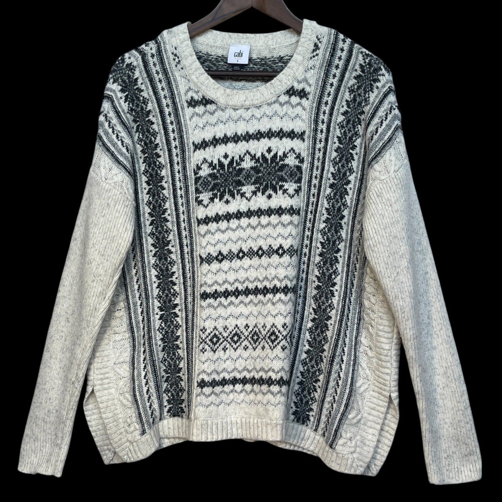 Cabi Sweater Womens Small Ivory Grey Fair Isle Snowflake Metallic 4410 Excellent